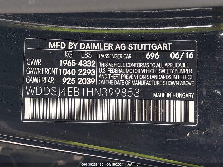 VIN WDDSJ4EB1HN399853 2017 MERCEDES-BENZ CLA 250