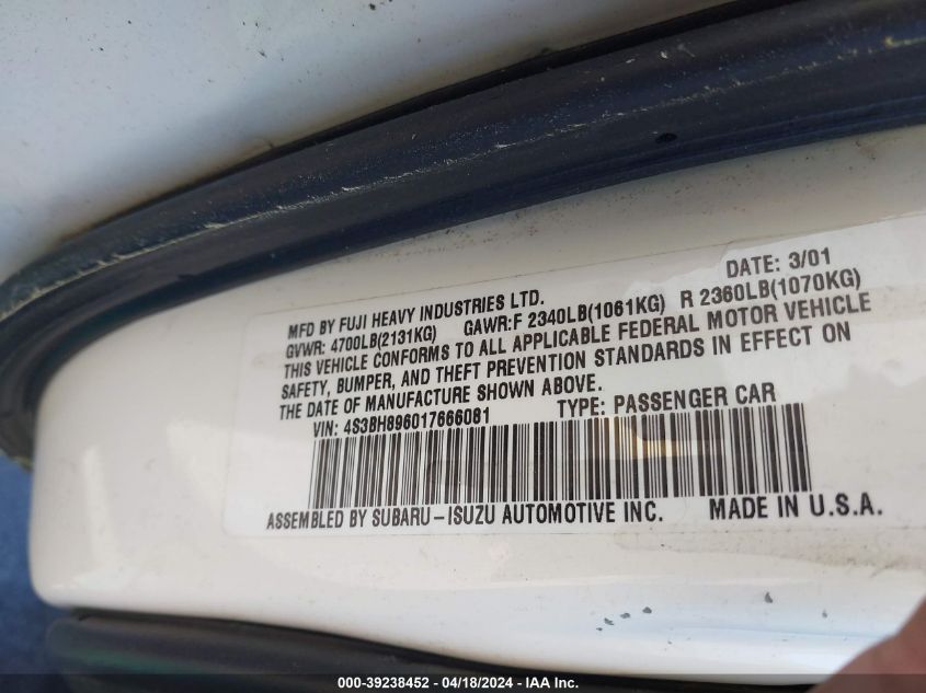 2001 Subaru Outback H6-3.0 VIN: 4S3BH896017666081 Lot: 39238452