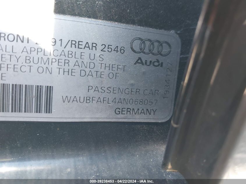 WAUBFAFL4AN068057 | 2010 AUDI A4