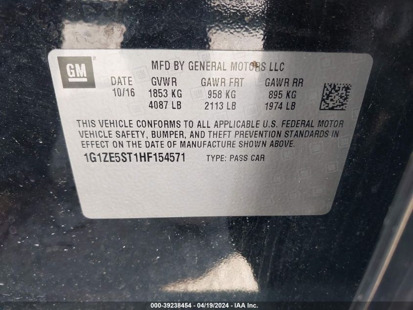 2017 Chevrolet Malibu 1Lt VIN: 1G1ZE5ST1HF154571 Lot: 39238454