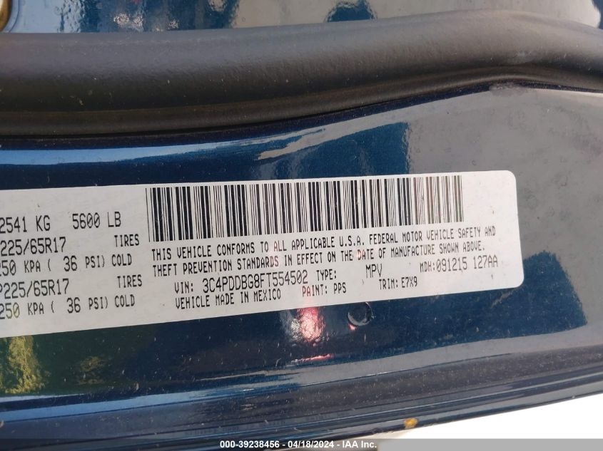 2015 Dodge Journey Sxt VIN: 3C4PDDBG8FT554502 Lot: 39238456