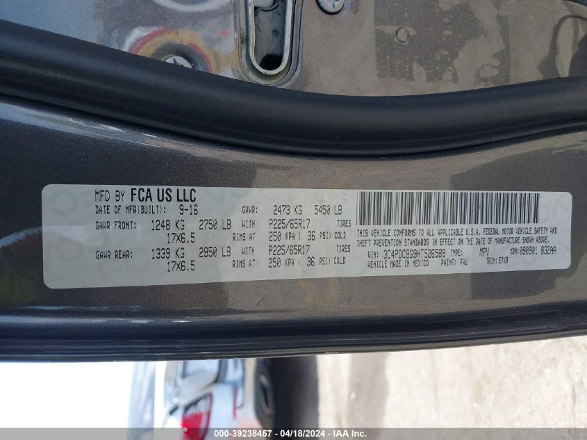 2017 Dodge Journey Sxt VIN: 3C4PDCBG9HT526589 Lot: 39238457