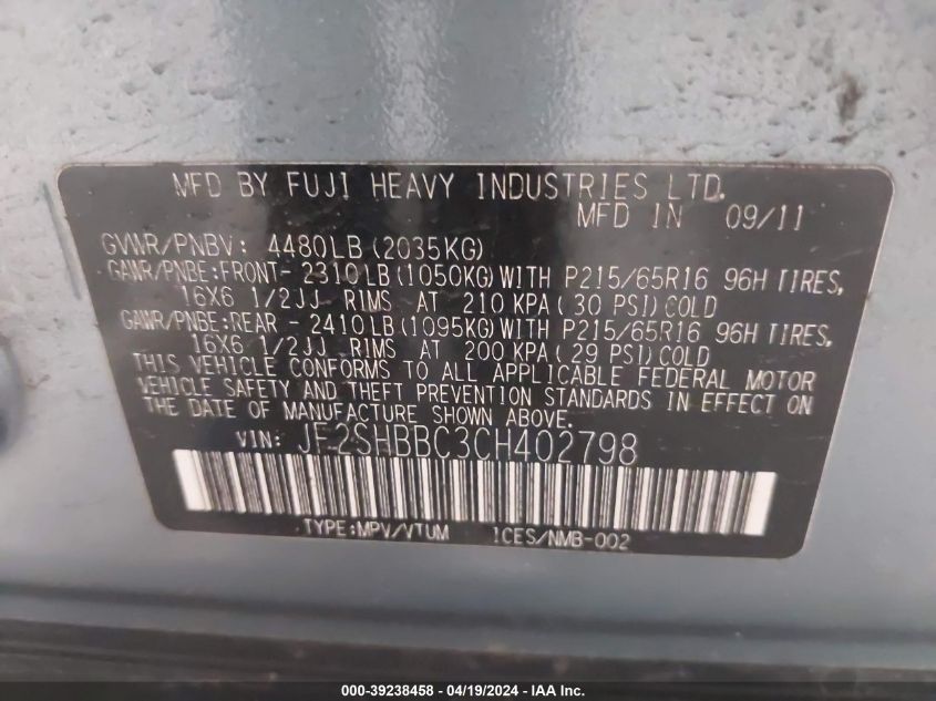 2012 Subaru Forester 2.5X VIN: JF2SHBBC3CH402798 Lot: 39238458