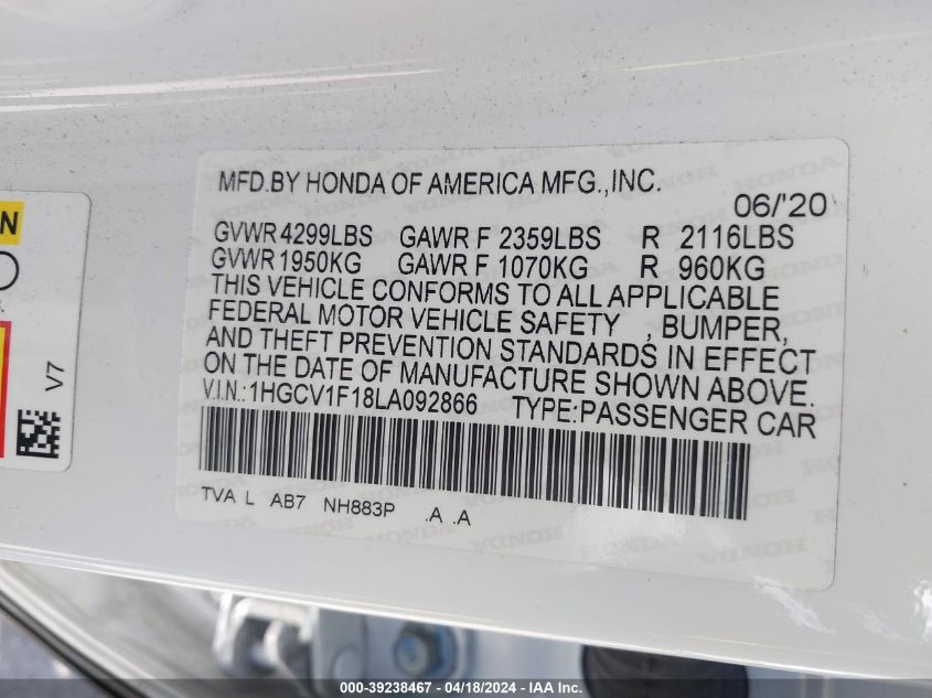 VIN 1HGCV1F18LA092866 2020 HONDA ACCORD LX