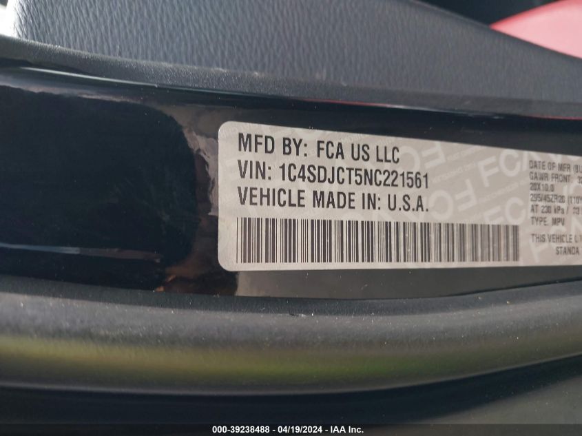 2022 Dodge Durango R/T Awd VIN: 1C4SDJCT5NC221561 Lot: 39238488