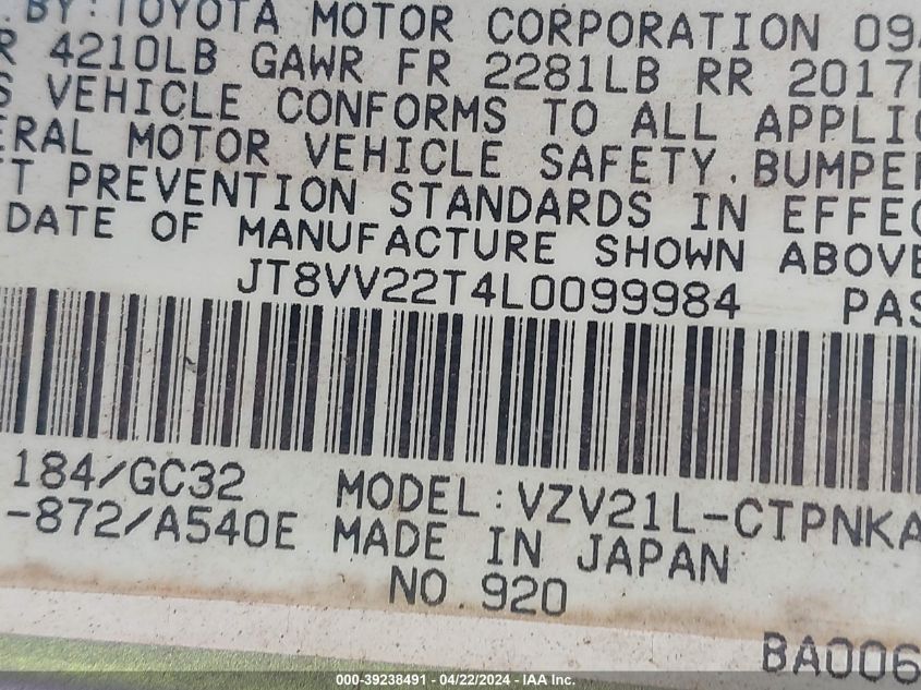 1990 Lexus Es 250/250 Se-R VIN: JT8VV22T4L0099984 Lot: 39238491