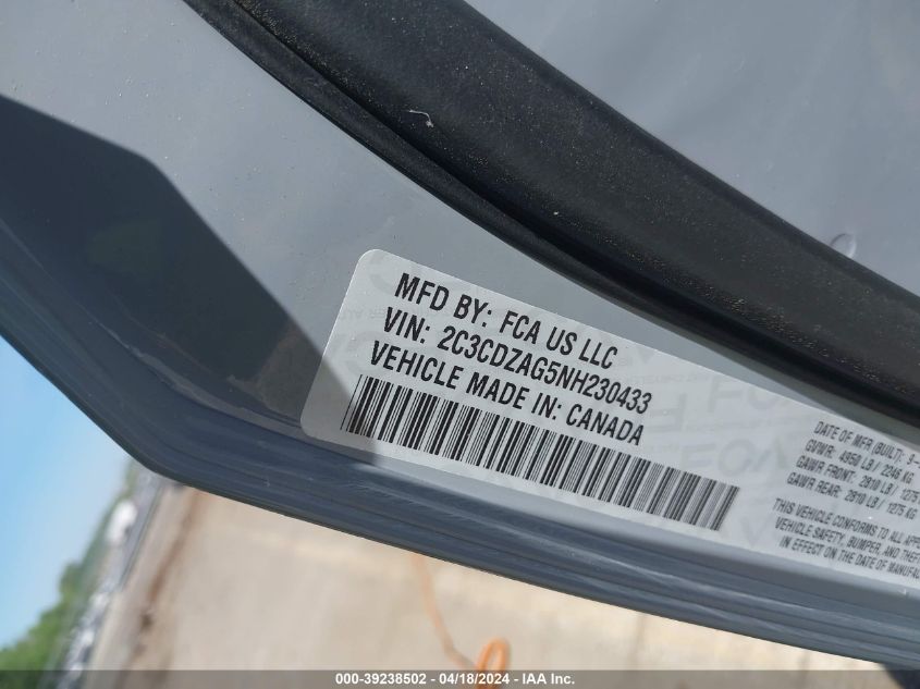 2022 Dodge Challenger Sxt VIN: 2C3CDZAG5NH230433 Lot: 39238502