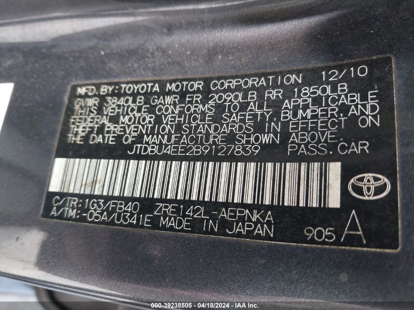 2011 Toyota Corolla Le VIN: JTDBU4EE2B9127839 Lot: 39238505