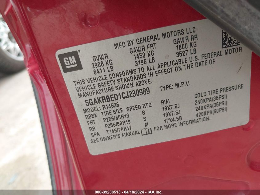 2012 Buick Enclave Convenience VIN: 5GAKRBED1CJ230989 Lot: 39238513