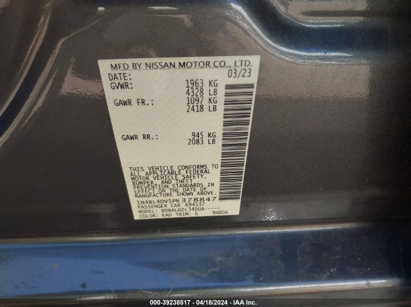 1N4BL4DV5PN378847 | 2023 NISSAN ALTIMA