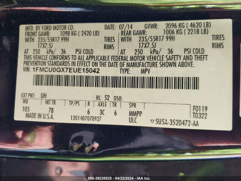 2014 Ford Escape Se VIN: 1FMCU0GX7EUE15042 Lot: 39238525