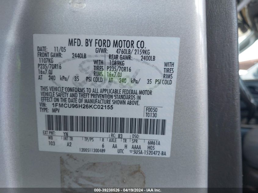 2006 Ford Escape Hybrid VIN: 1FMCU96H26KC02155 Lot: 39238526