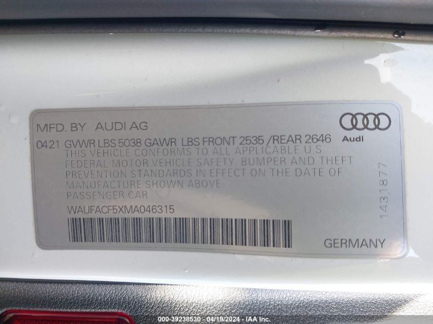 WAUFACF5XMA046315 2021 Audi A5 Sportback Premium Plus 45 Tfsi Quattro S Tronic