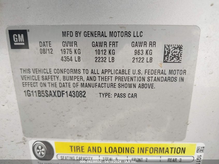 2013 Chevrolet Malibu 1Ls VIN: 1G11B5SAXDF143082 Lot: 39238532