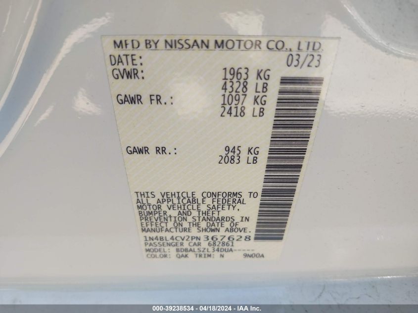 VIN 1N4BL4CV2PN367628 2023 NISSAN ALTIMA SR FWD