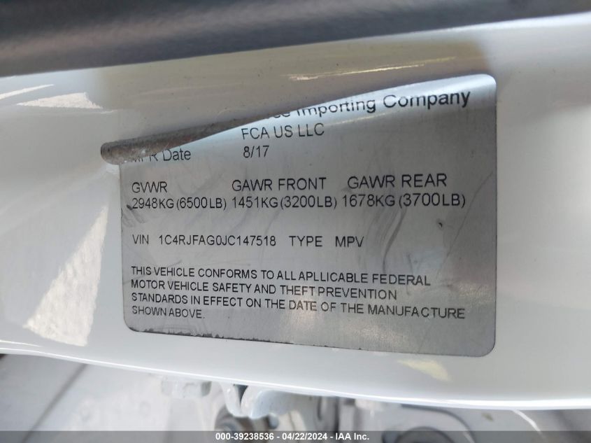 2018 Jeep Grand Cherokee Laredo VIN: 1C4RJFAG0JC147518 Lot: 39238536