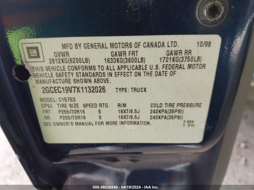 1999 Chevrolet Silverado 1500 Ls VIN: 2GCEC19V7X1132026 Lot: 39238549