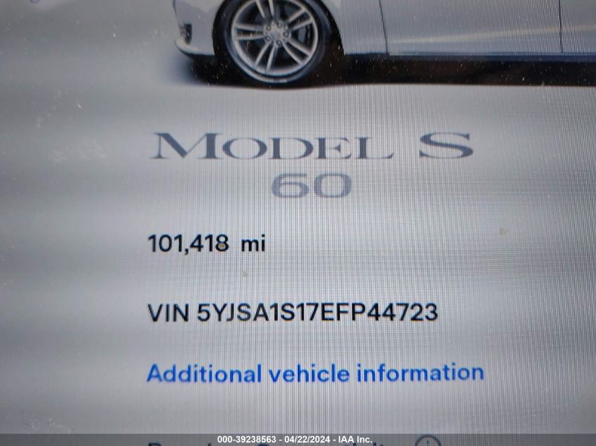 2014 Tesla Model S VIN: 5YJSA1S17EFP44723 Lot: 39238563