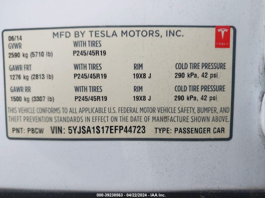 2014 Tesla Model S VIN: 5YJSA1S17EFP44723 Lot: 39238563