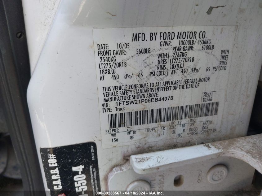 2006 Ford F-250 Lariat/Xl/Xlt VIN: 1FTSW21P96EB44978 Lot: 39238567