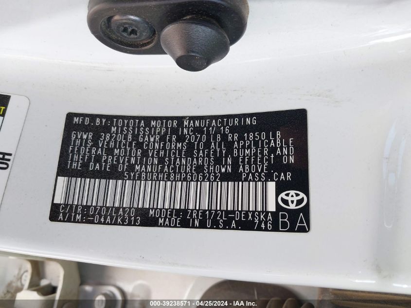 2017 Toyota Corolla Xse VIN: 5YFBURHE8HP606262 Lot: 39238571