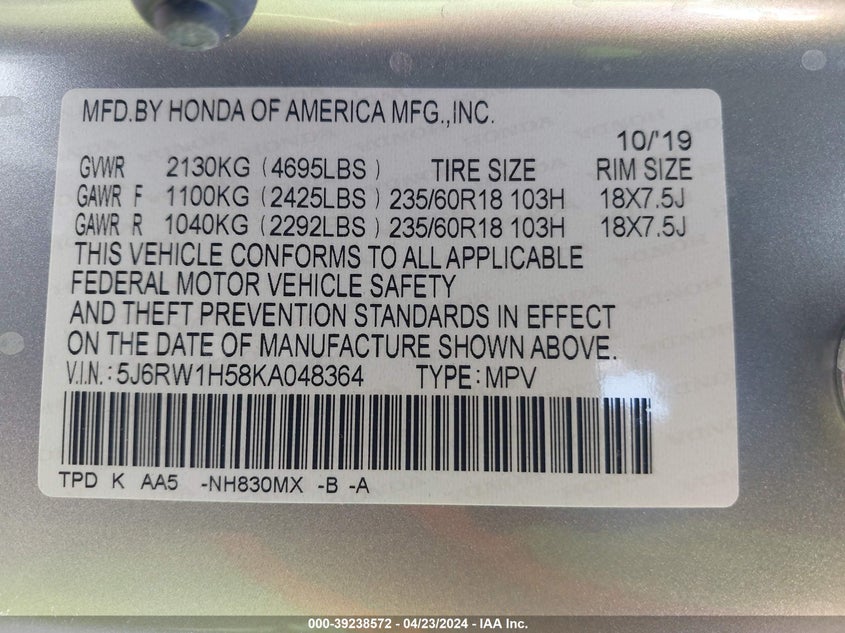 VIN 5J6RW1H58KA048364 2019 HONDA CR-V EX
