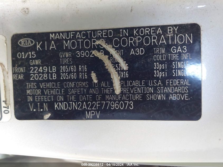 2015 Kia Soul VIN: KNDJN2A22F7796073 Lot: 39238612