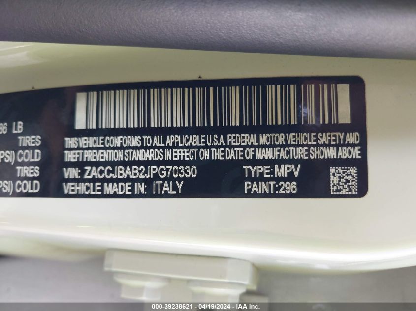 2018 Jeep Renegade Sport 4X4 VIN: ZACCJBAB2JPG70330 Lot: 39238621