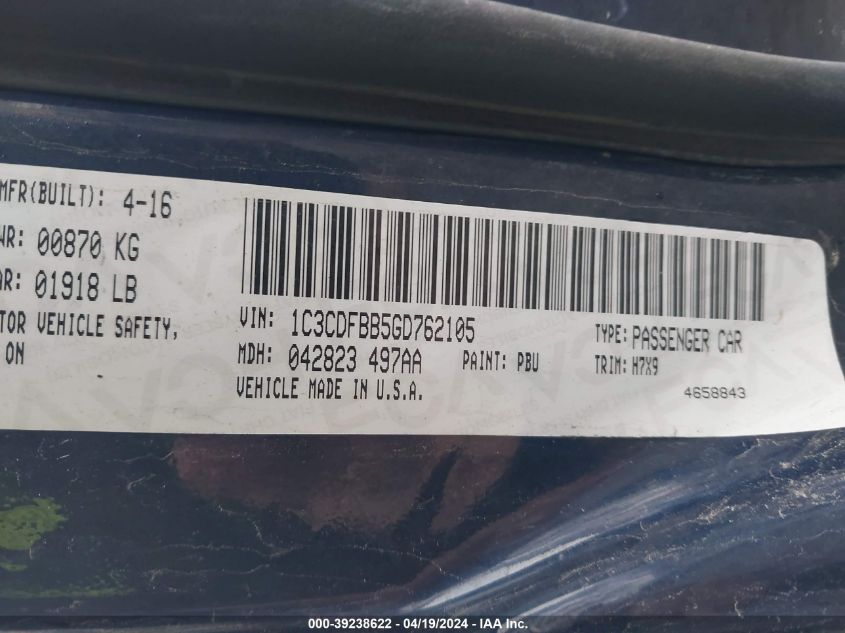 2016 Dodge Dart Sxt VIN: 1C3CDFBB5GD762105 Lot: 39238622