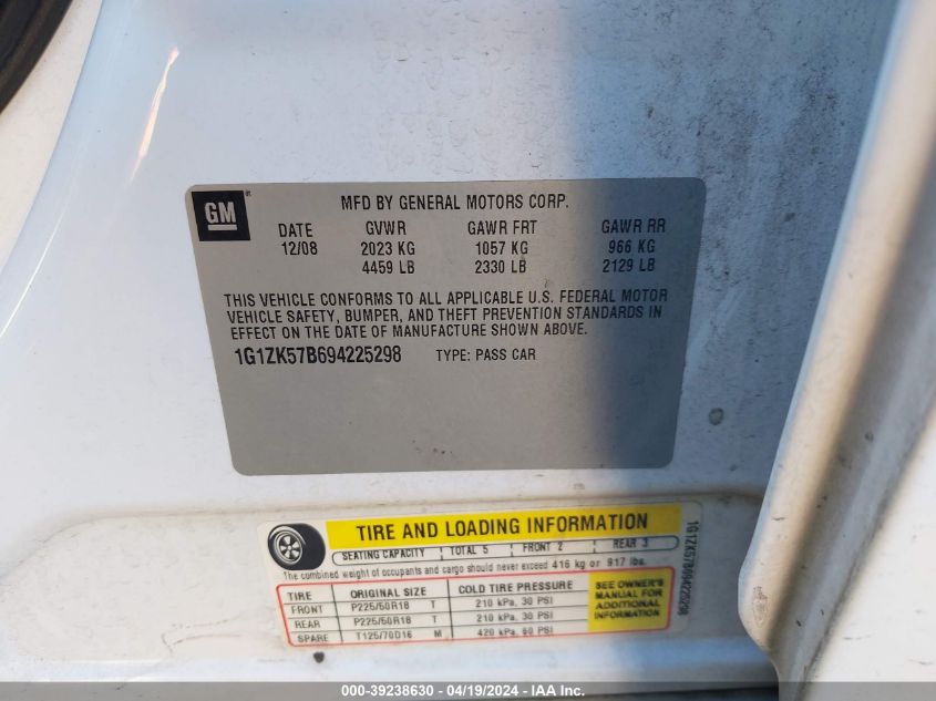 2009 Chevrolet Malibu Ltz VIN: 1G1ZK57B694225298 Lot: 39238630