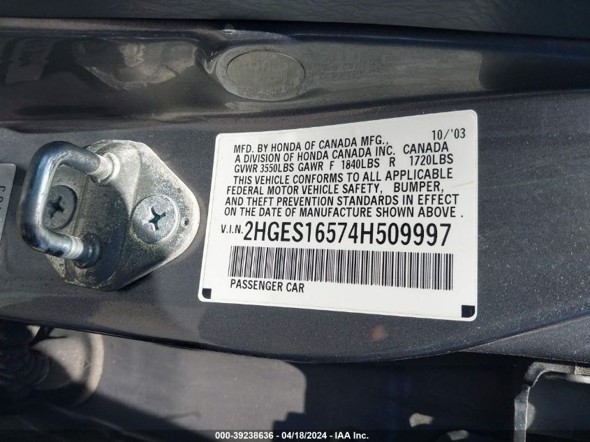 2004 Honda Civic Lx VIN: 2HGES16574H509997 Lot: 39238636