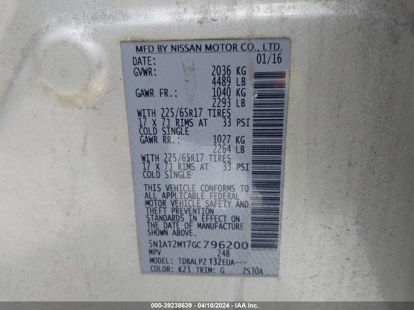 2016 Nissan Rogue S/Sl/Sv VIN: 5N1AT2MT7GC796200 Lot: 39238639