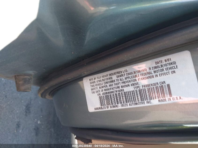 2002 Subaru Outback H6-3.0 L.l. Bean Edition VIN: 4S3BH806927616293 Lot: 39238640