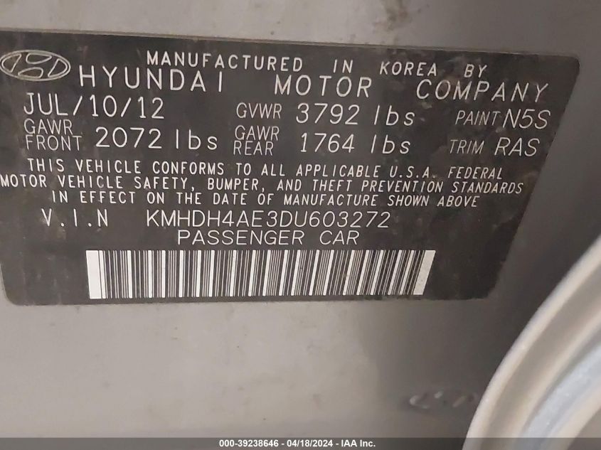 2013 Hyundai Elantra Gls VIN: KMHDH4AE3DU603272 Lot: 39238646