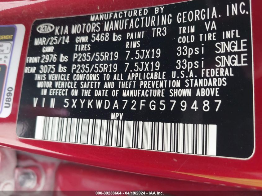 2015 Kia Sorento Sx V6 VIN: 5XYKWDA72FG579487 Lot: 39238664