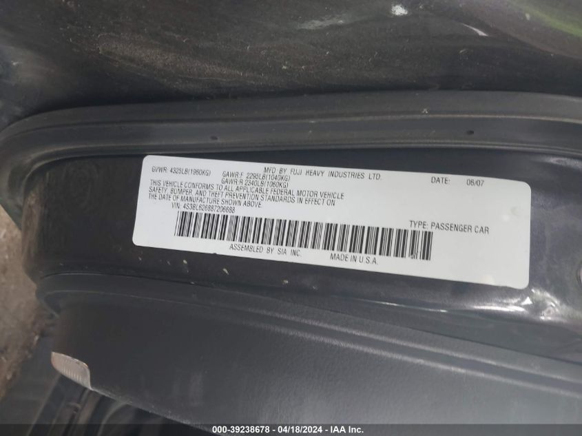 2008 Subaru Legacy 2.5I Limited VIN: 4S3BL626887206688 Lot: 39238678