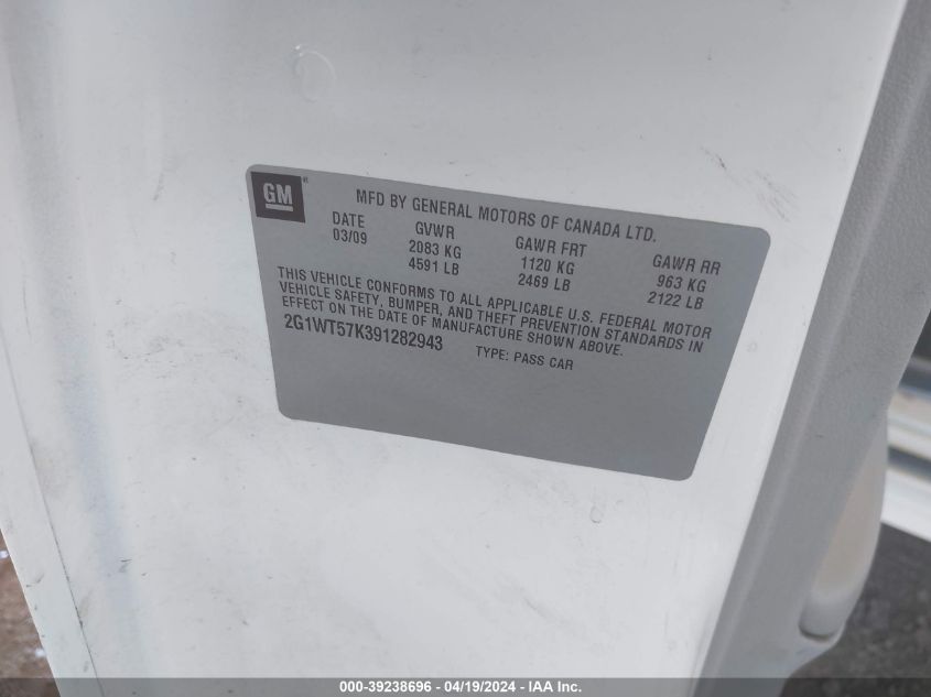 2009 Chevrolet Impala Lt VIN: 2G1WT57K391282943 Lot: 39238696