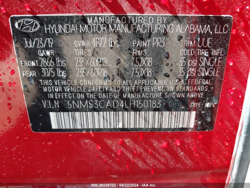 2020 Hyundai Santa Fe Sel VIN: 5NMS3CAD4LH150183 Lot: 39238702