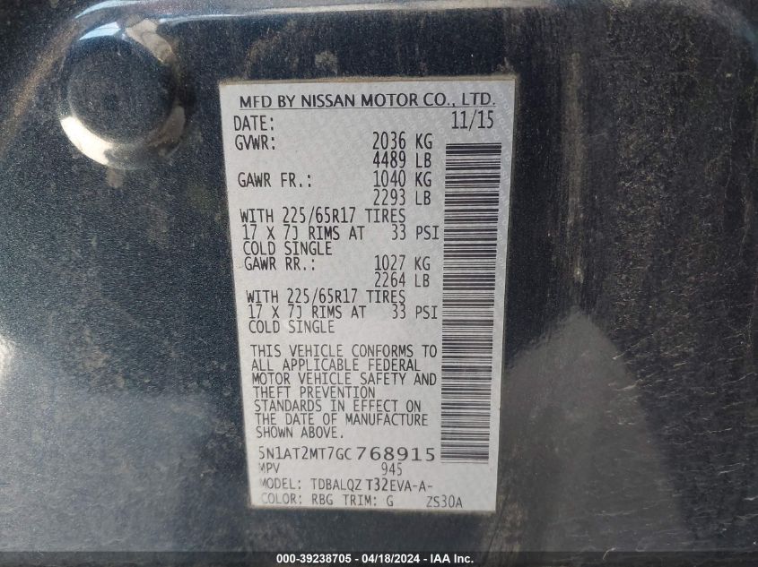 2016 Nissan Rogue Sv VIN: 5N1AT2MT7GC768915 Lot: 39238705