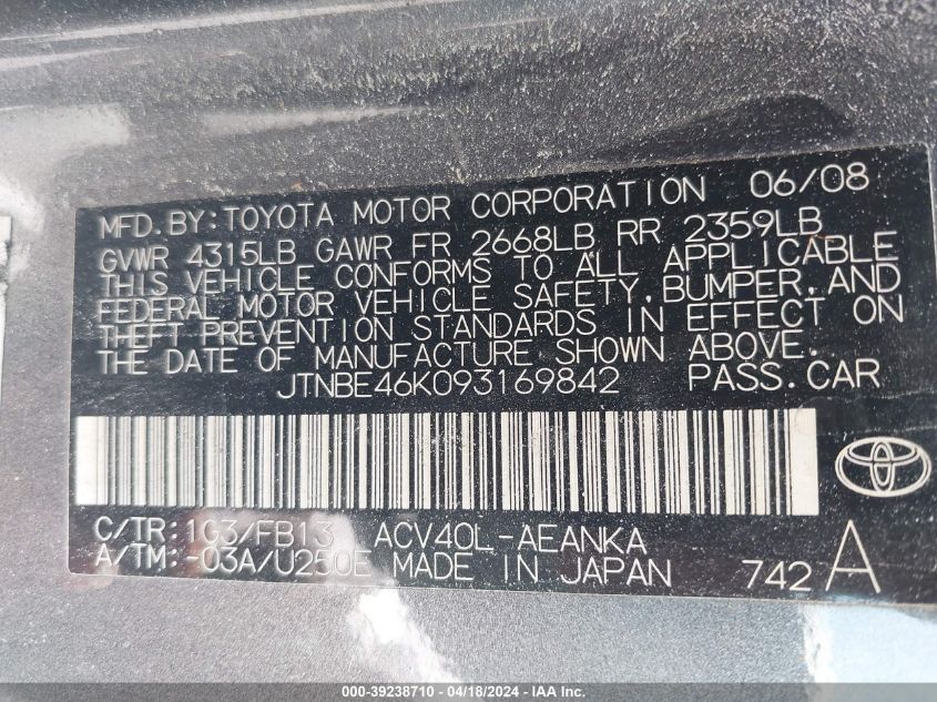 2009 Toyota Camry Le VIN: JTNBE46K093169842 Lot: 39238710