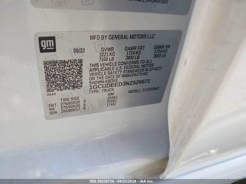 2022 CHEVROLET SILVERADO 1500 4WD  SHORT BED RST - 1GCUDEED3NZ529671