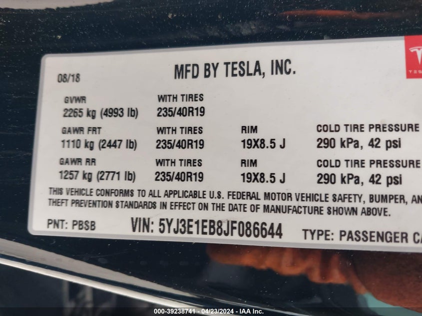 VIN 5YJ3E1EB8JF086644 2018 TESLA MODEL 3 LONG RANGE/PERFORMANCE