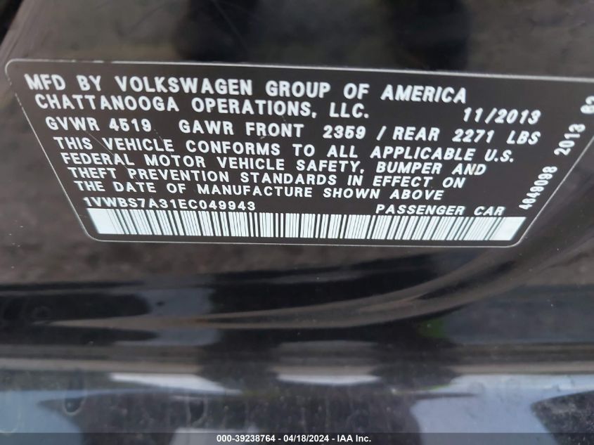 2014 Volkswagen Passat 1.8T Se VIN: 1VWBS7A31EC049943 Lot: 39238764