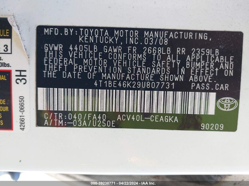 2009 Toyota Camry Xle VIN: 4T1BE46K29U807731 Lot: 39238771