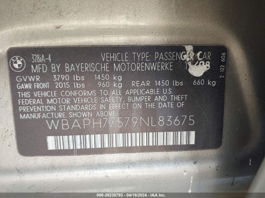 2009 BMW 328I VIN: WBAPH77579NL83675 Lot: 39238793