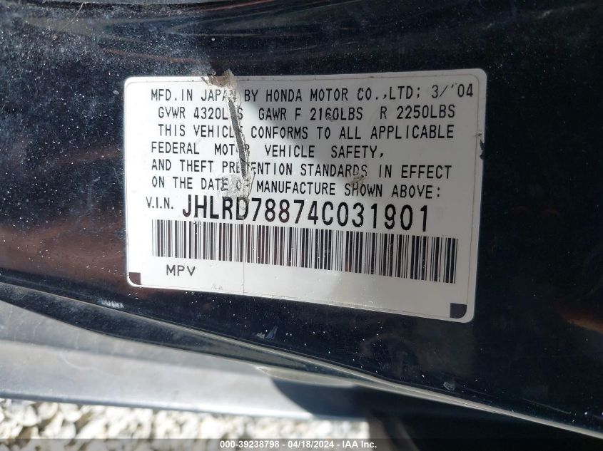 2004 Honda Cr-V Ex VIN: JHLRD78874C031901 Lot: 39238798