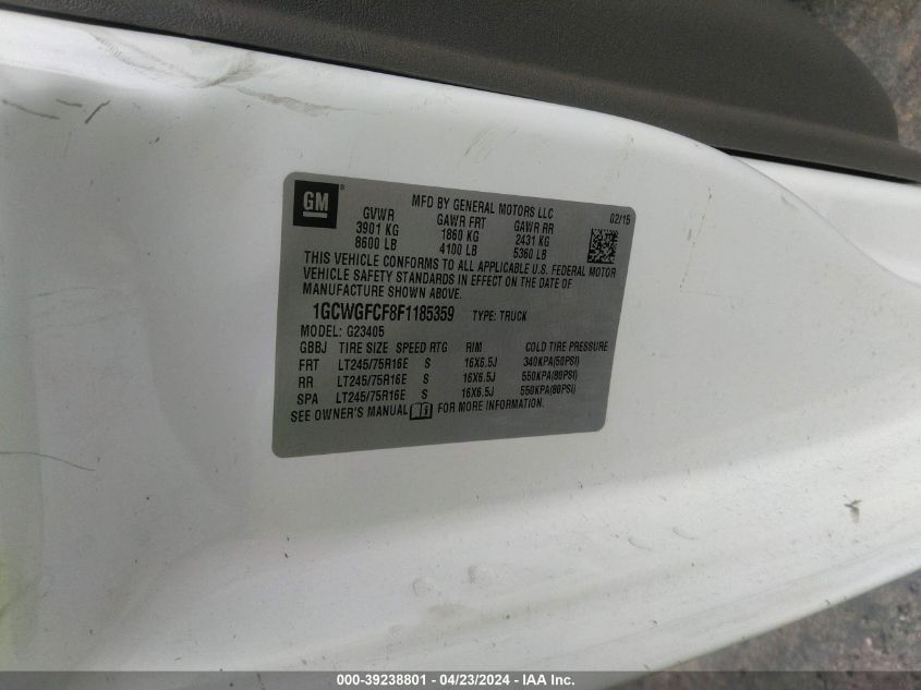 2015 Chevrolet Express 2500 Work Van VIN: 1GCWGFCF8F1185359 Lot: 45858894