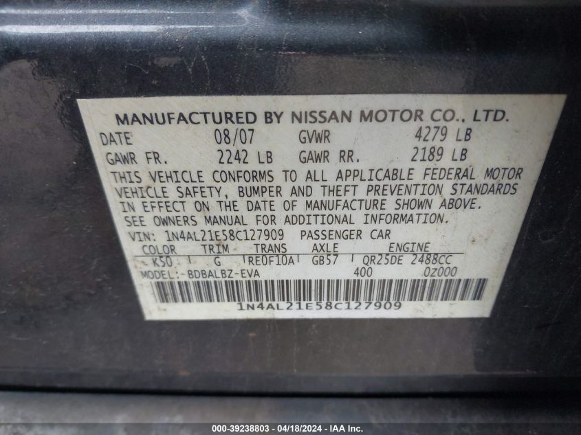 1N4AL21E58C127909 | 2008 NISSAN ALTIMA