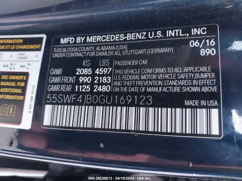 2016 Mercedes-Benz C 300 Luxury/Sport VIN: 55SWF4JB0GU169123 Lot: 39238813