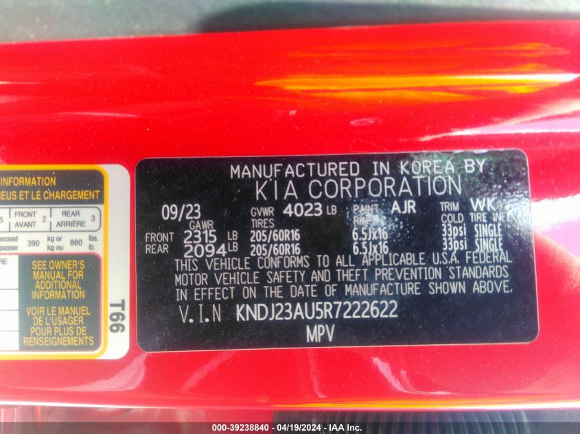 2024 Kia Soul S VIN: KNDJ23AU5R7222622 Lot: 39238840